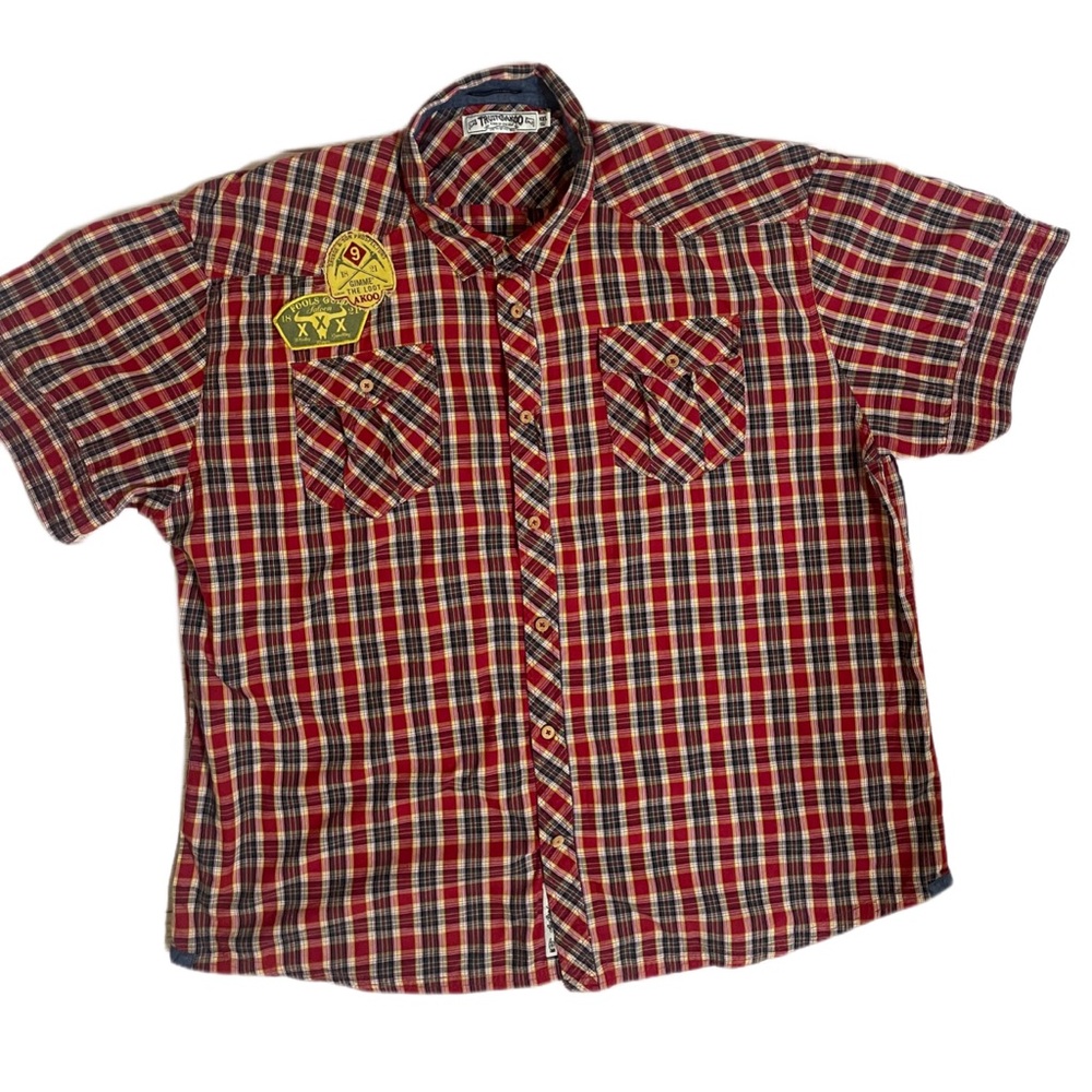 Trust 80 Akoo Shirt Mens 4XL Red Yellow Plaid Patch Chambray Embroidered